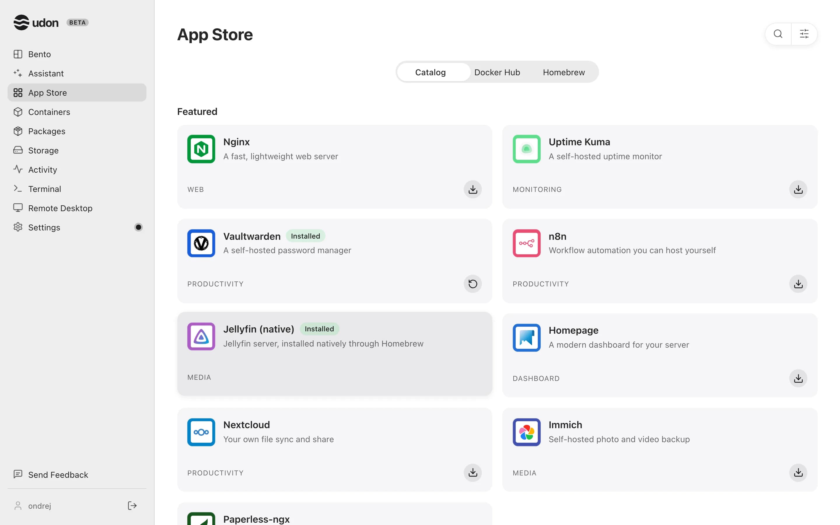 The App Store catalog with featured apps and the Catalog, Docker Hub and Homebrew tabs
