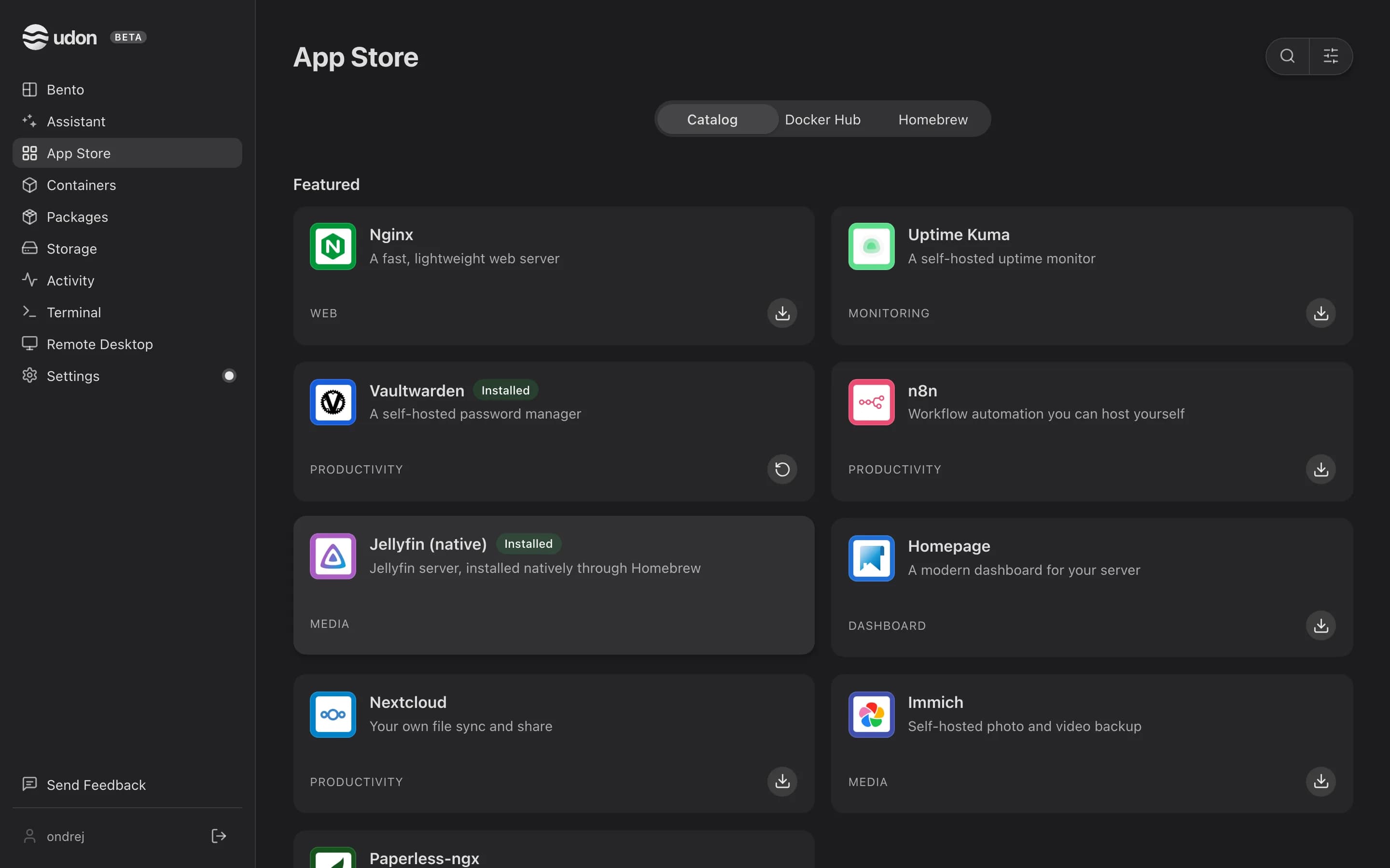 The App Store catalog with featured apps and the Catalog, Docker Hub and Homebrew tabs