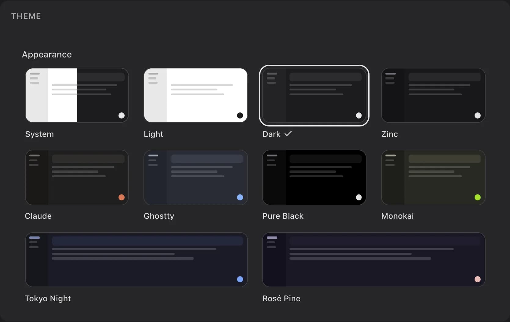 The Appearance theme picker with ten miniature previews