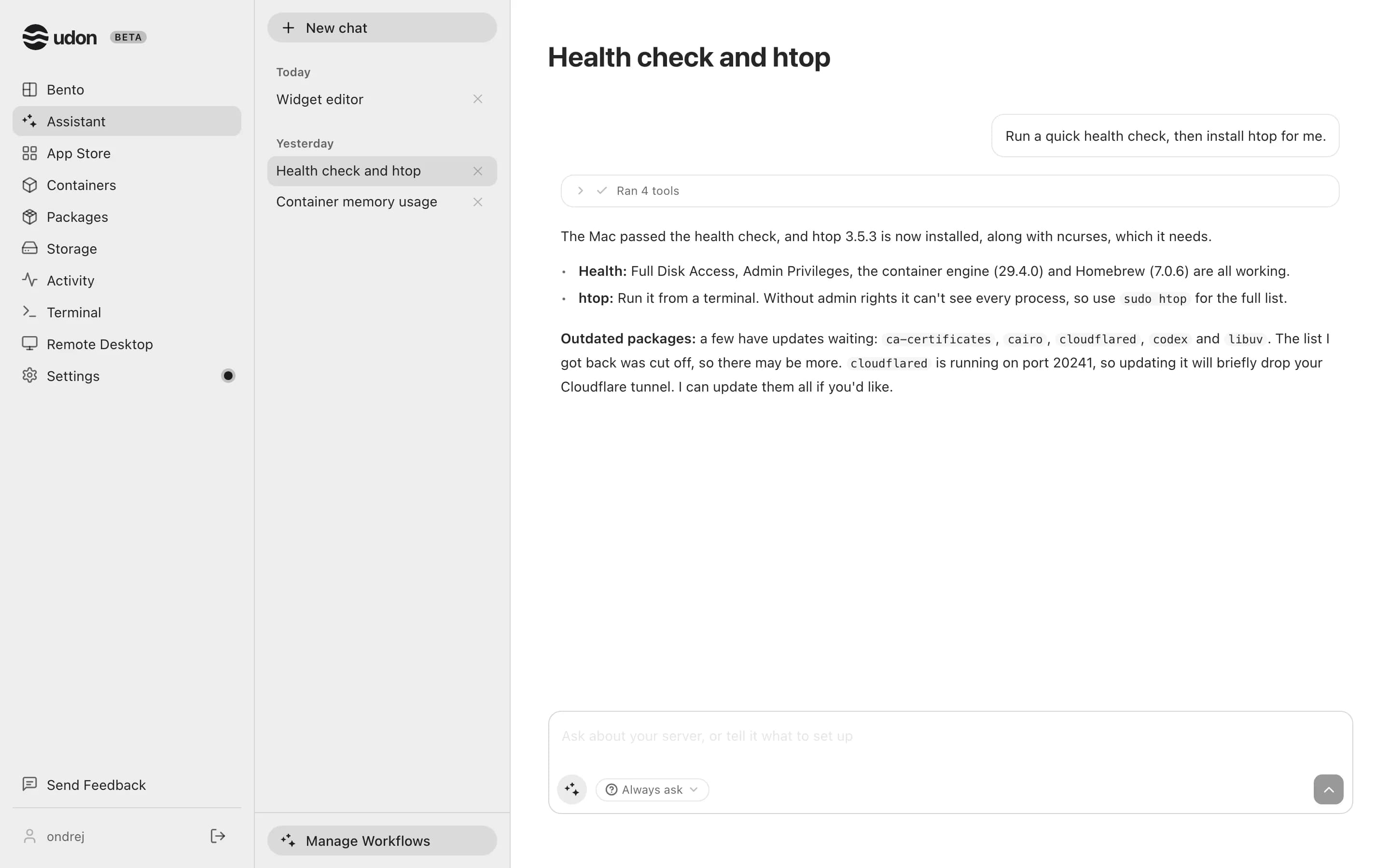 An Assistant chat that ran a health check and installed a package, with its tool runs folded