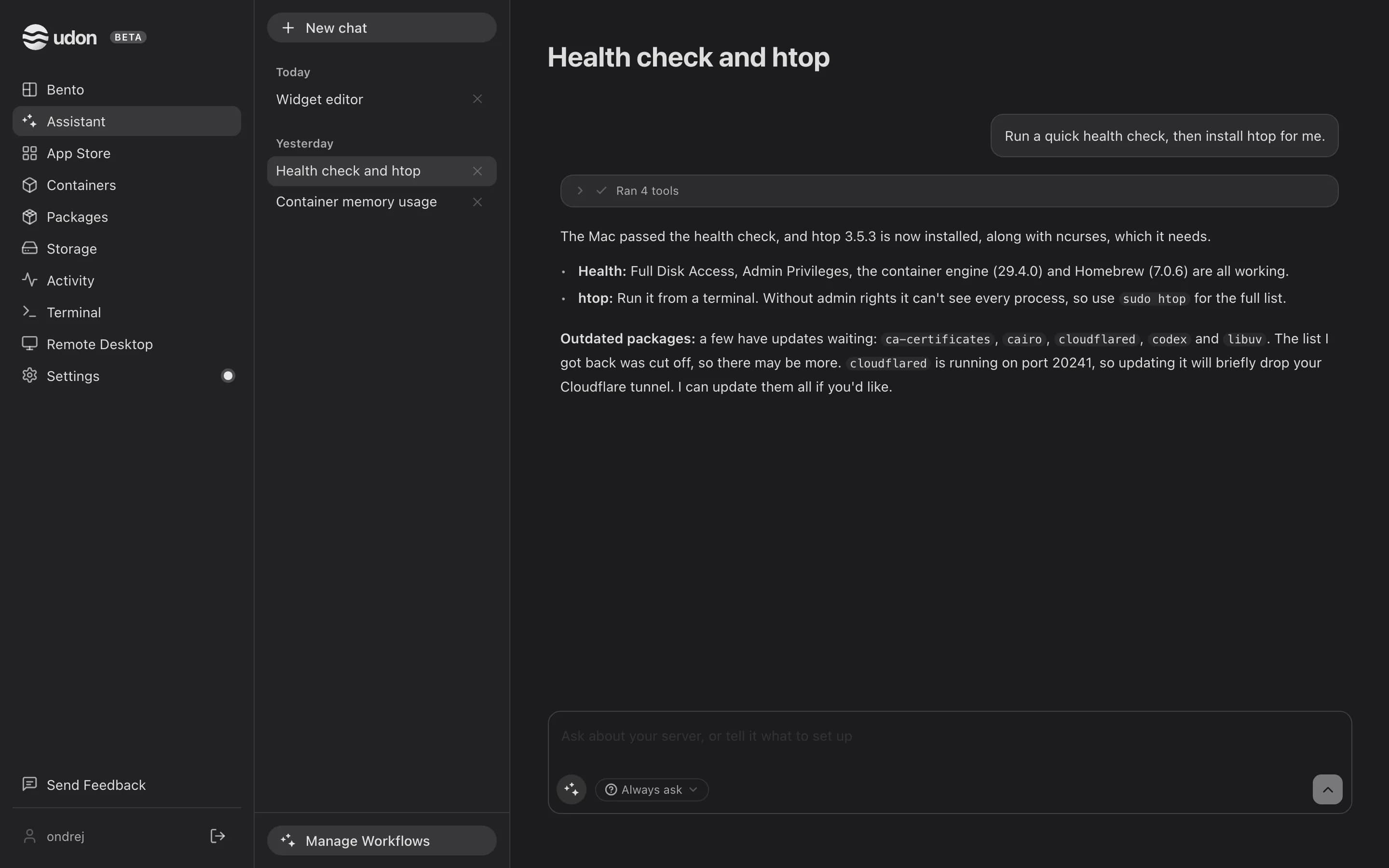 An Assistant chat that ran a health check and installed a package, with its tool runs folded