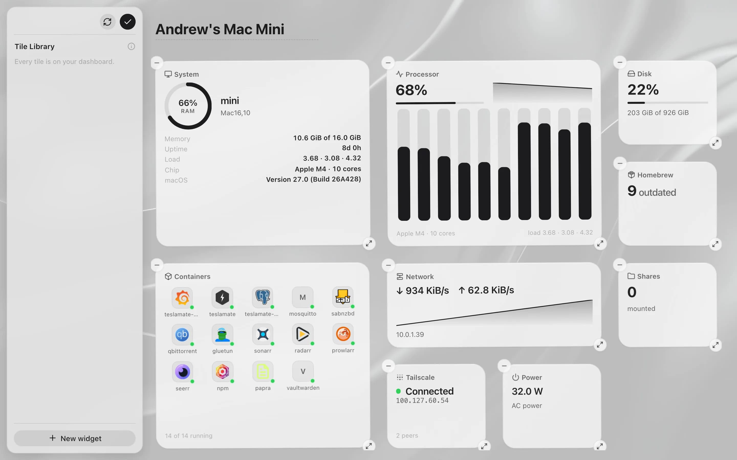 The dashboard in edit mode, with the Tile Library beside the board and resize badges on each tile