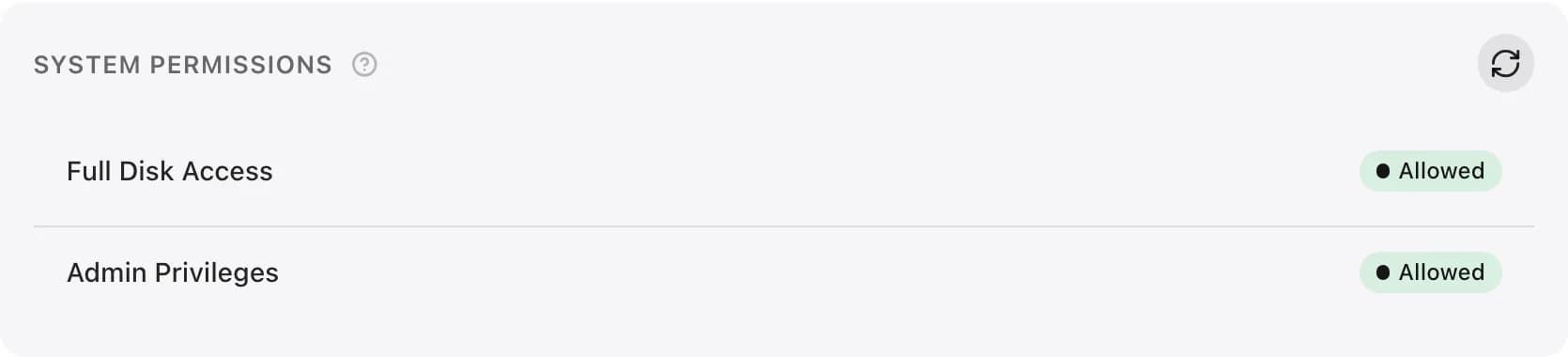 Settings, Health, with Full Disk Access and Admin Privileges both allowed