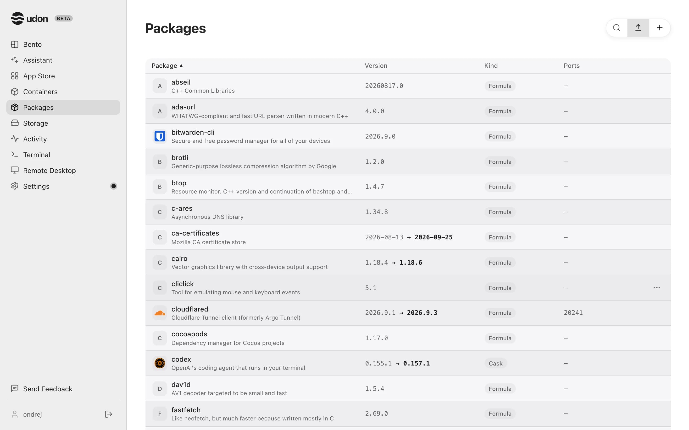 The Packages page listing installed Homebrew formulae with their versions
