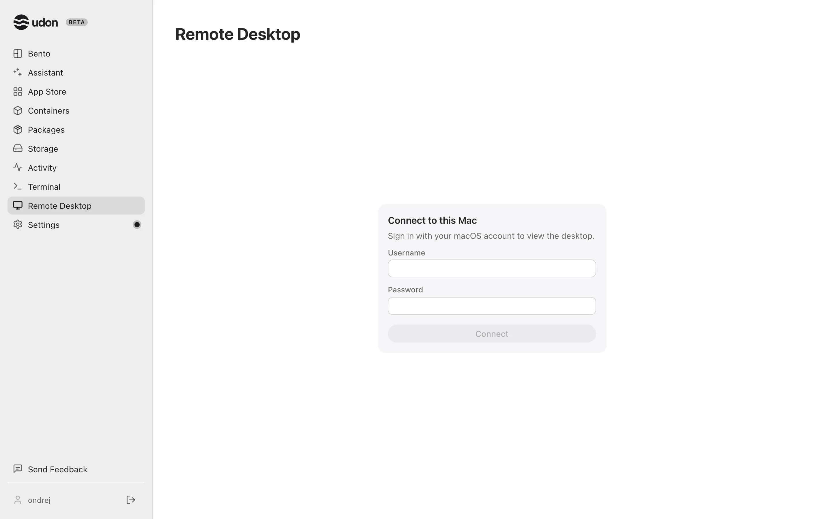 The Remote Desktop page asking for a macOS account to connect to this Mac