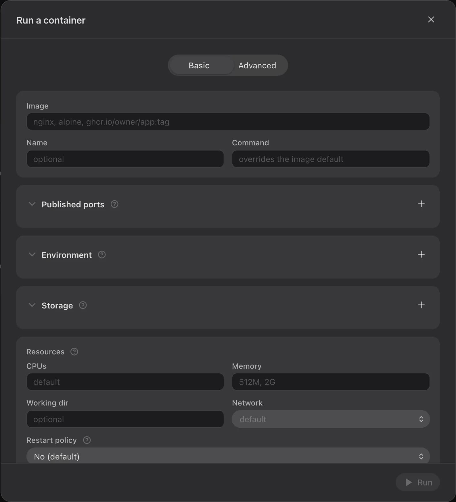 The Run a container dialog