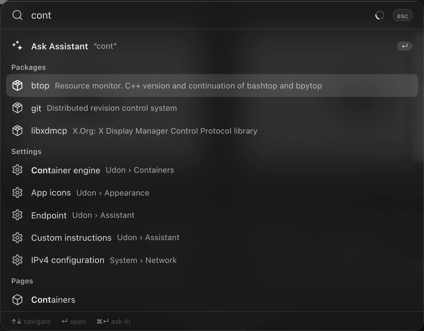 The search palette with an Ask Assistant row above results grouped into packages, settings, and pages