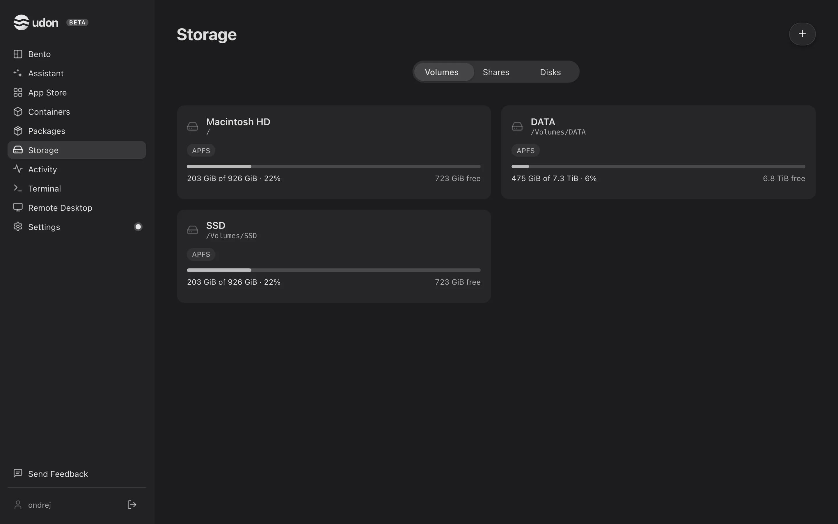 The Storage page's Volumes tab with three volume tiles and their usage