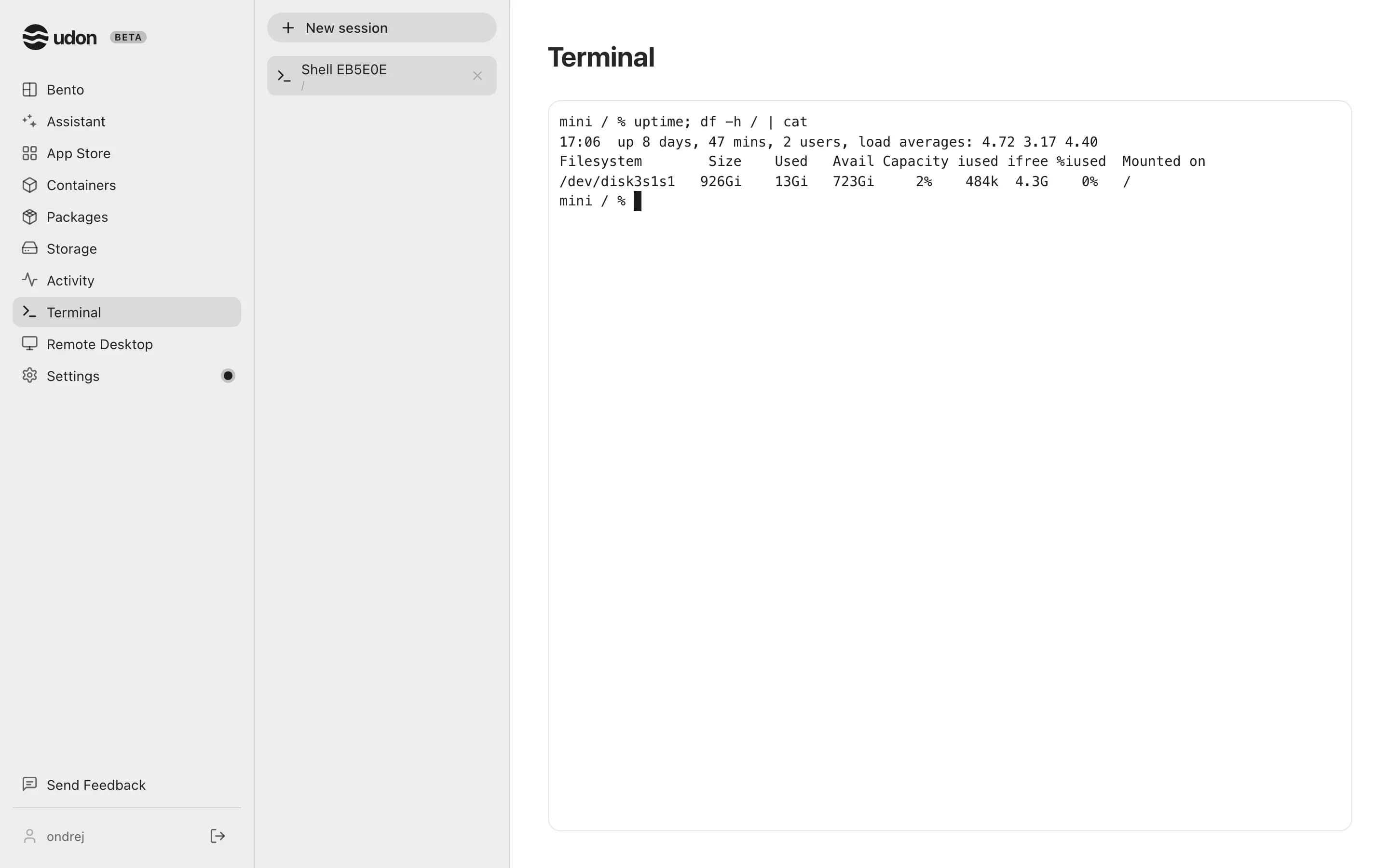 The Terminal page with one shell session running uptime and df