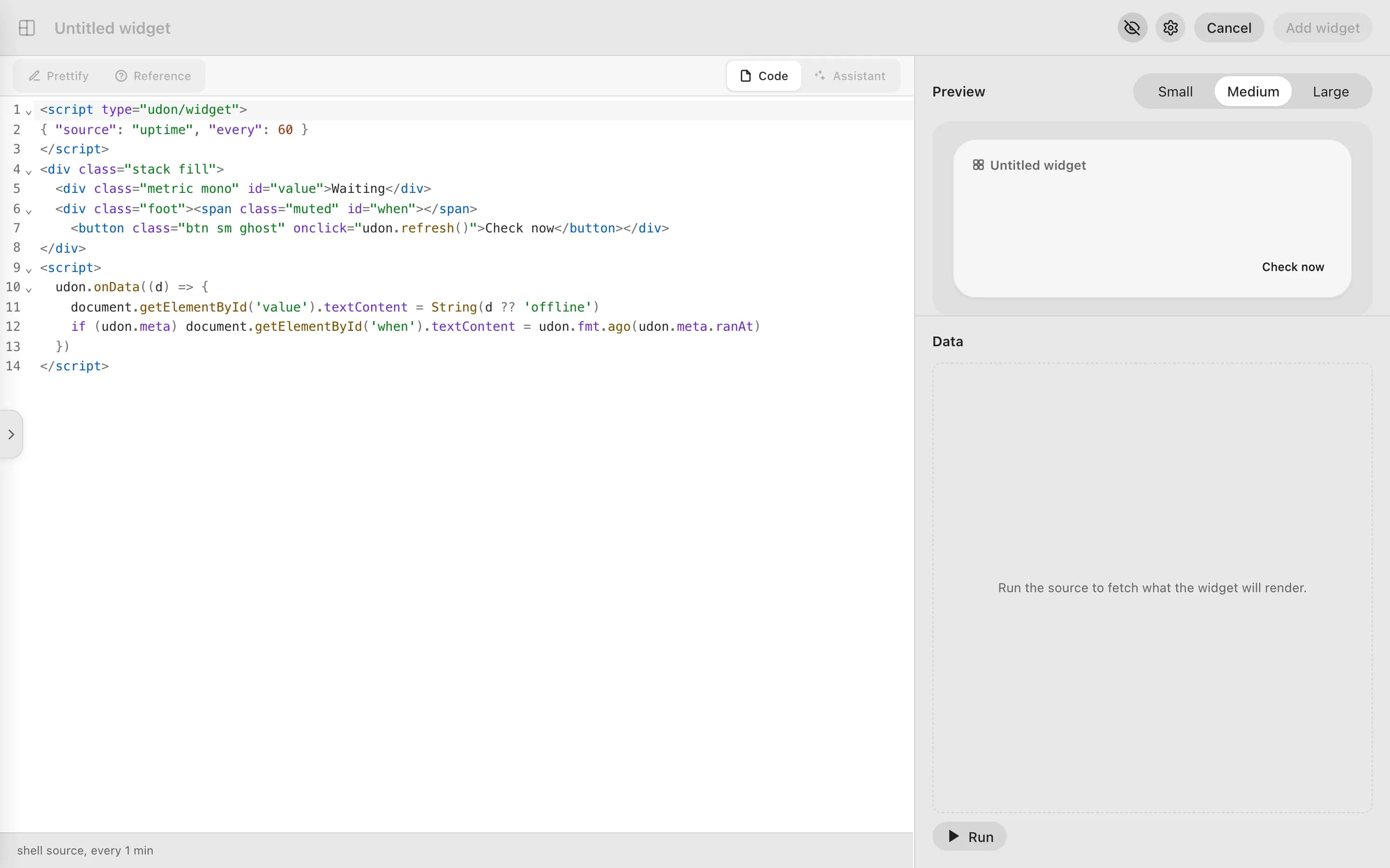 The full-screen Widget Editor with code and live preview