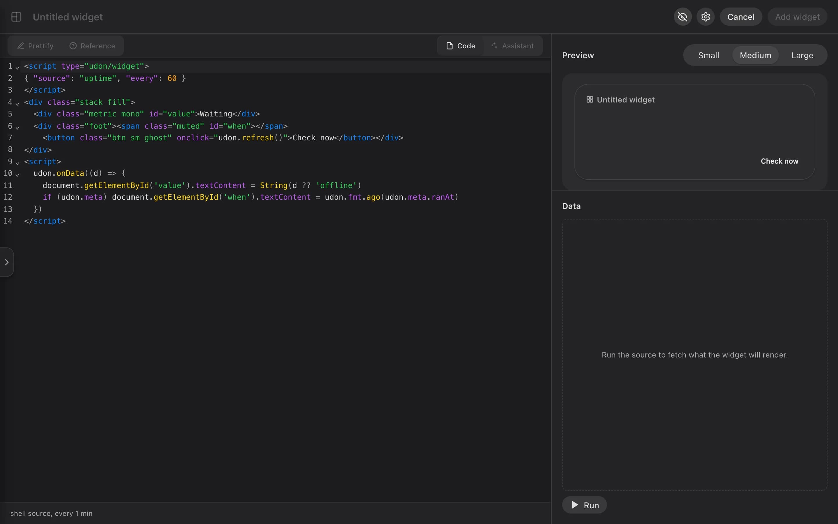 The full-screen Widget Editor with code and live preview