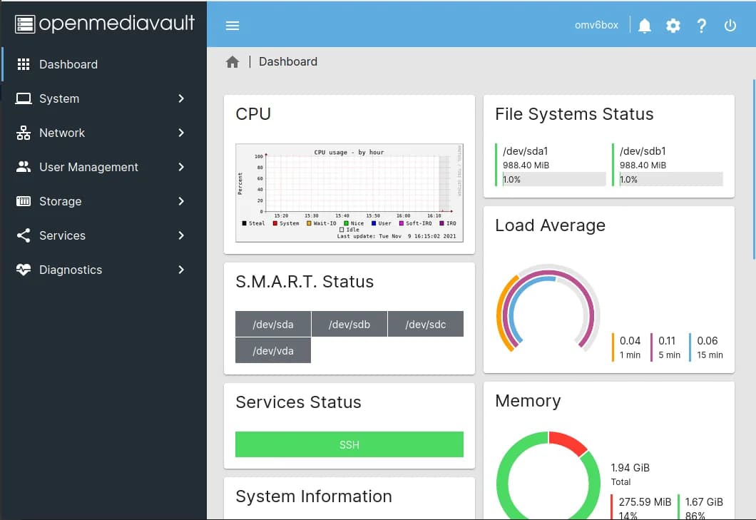 The OpenMediaVault dashboard