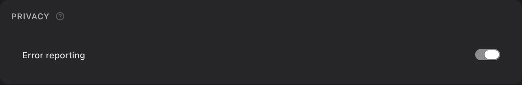The Privacy card in Settings, General, with the Error reporting switch