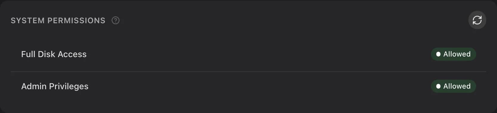 Settings, Health, with Full Disk Access and Admin Privileges both allowed