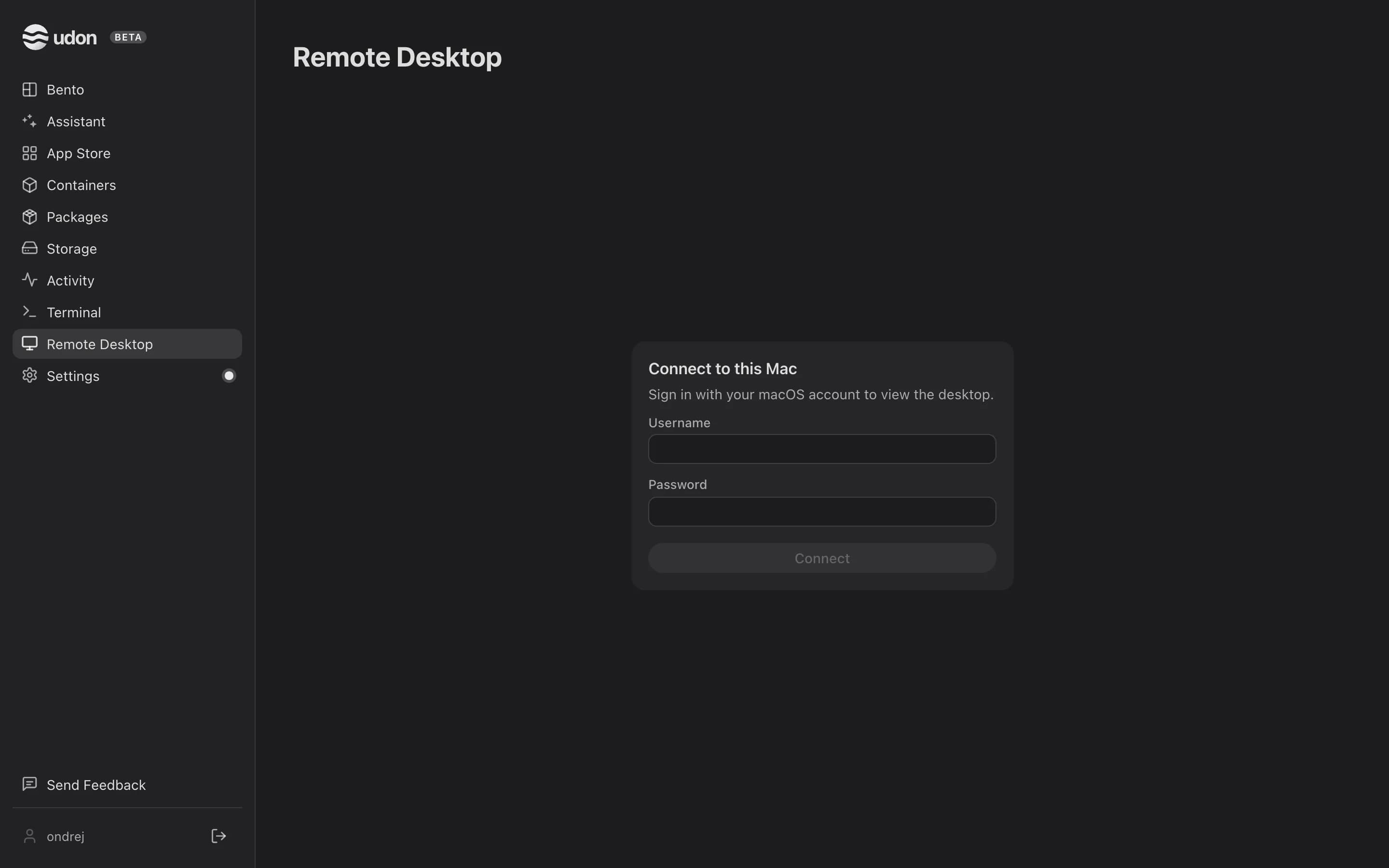 The Remote Desktop page asking for a macOS account to connect to this Mac