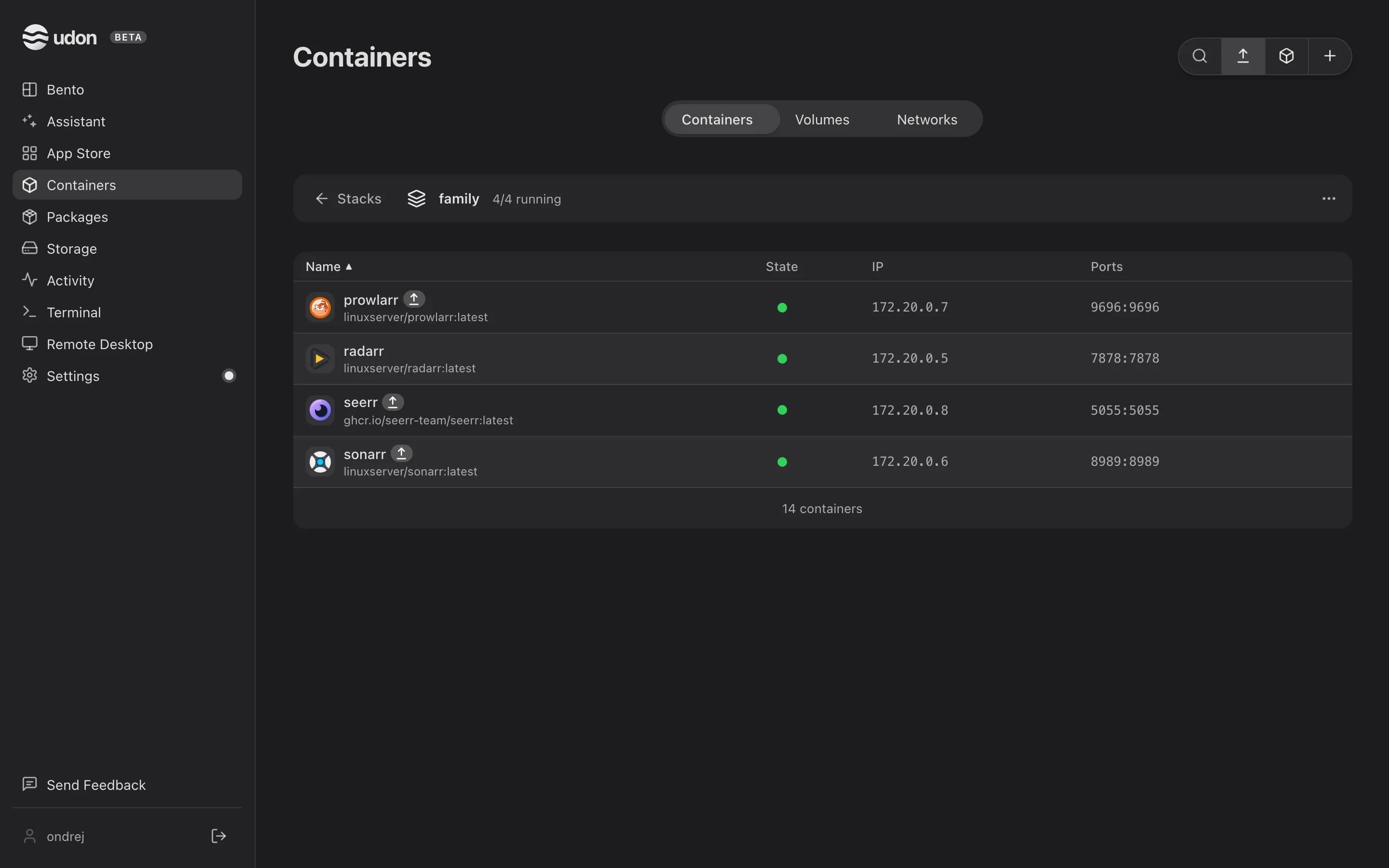 One stack opened on the Containers page, listing its members with their state, IP and ports