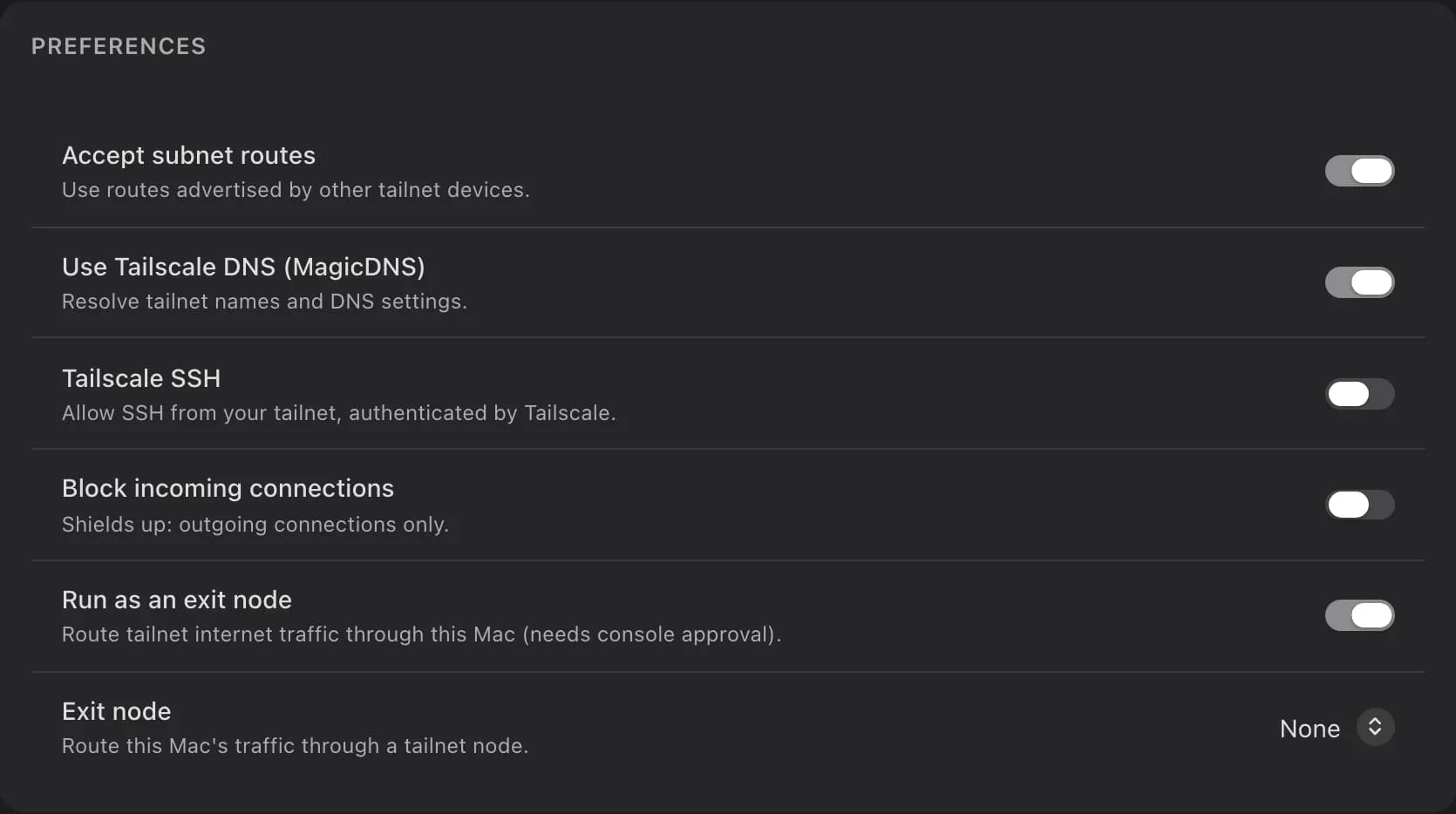 The Tailscale Preferences card with its switches and the Exit node picker
