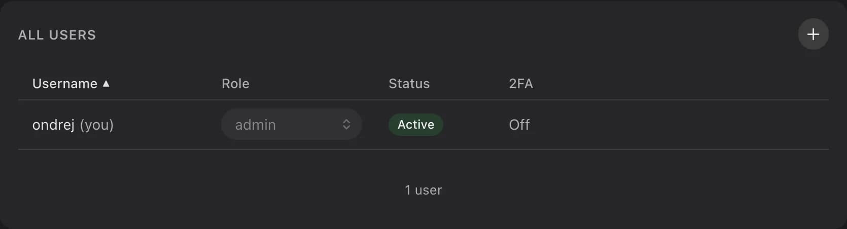 The Users card listing an admin account with its role, status and 2FA state