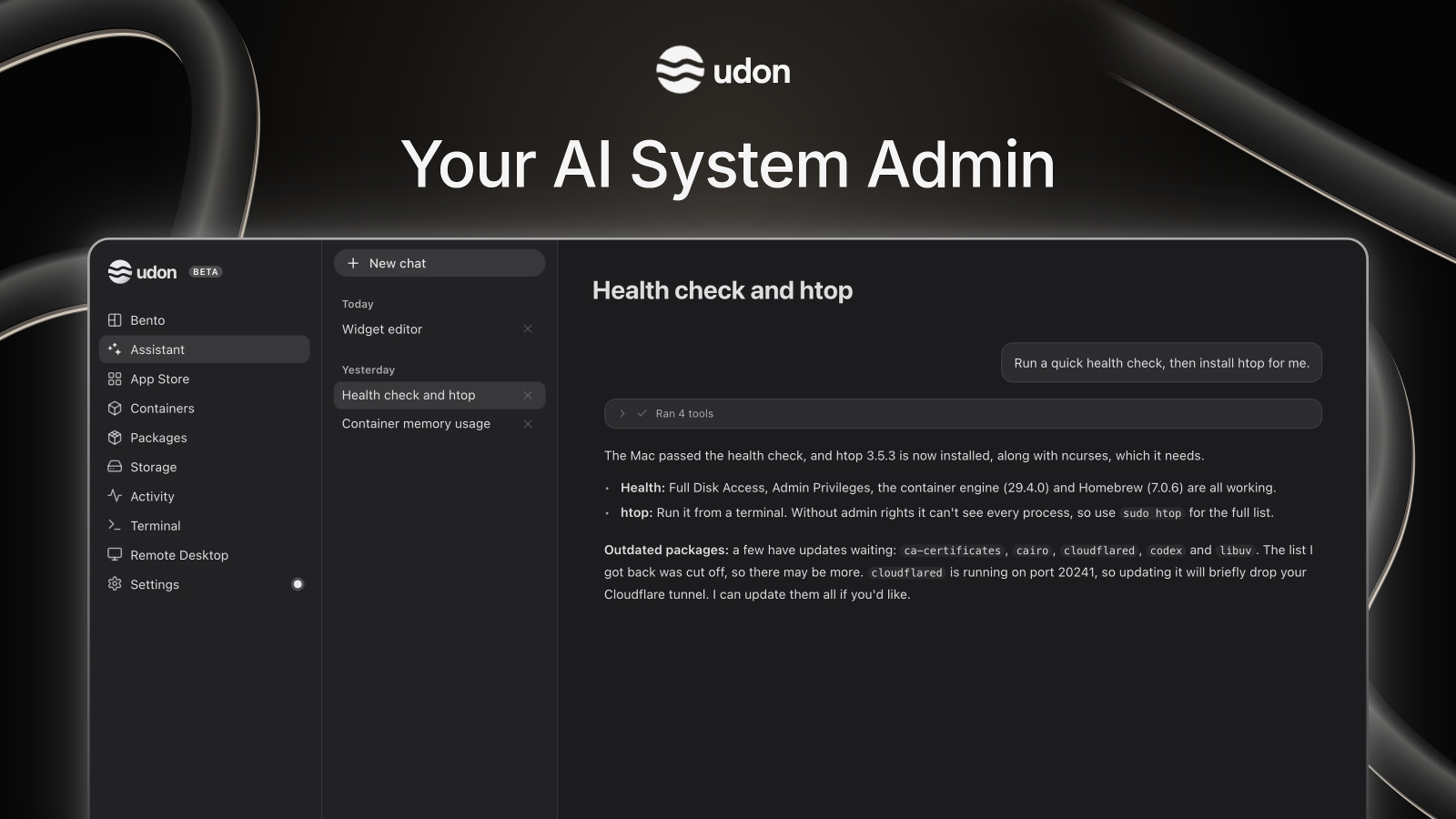 Your AI System Admin, dark preview
