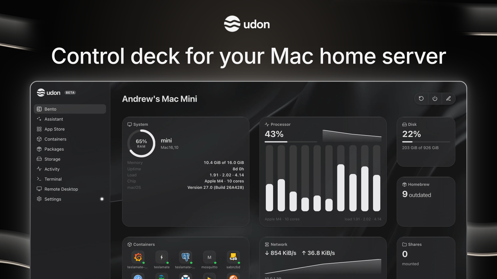 Control deck for your Mac home server, dark preview